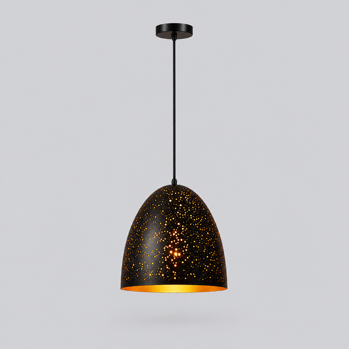 Lampa Wisząca Metalowa - Perforowany Abażur, Czarna z Miedzianym Wnętrzem, 7 Wzorów