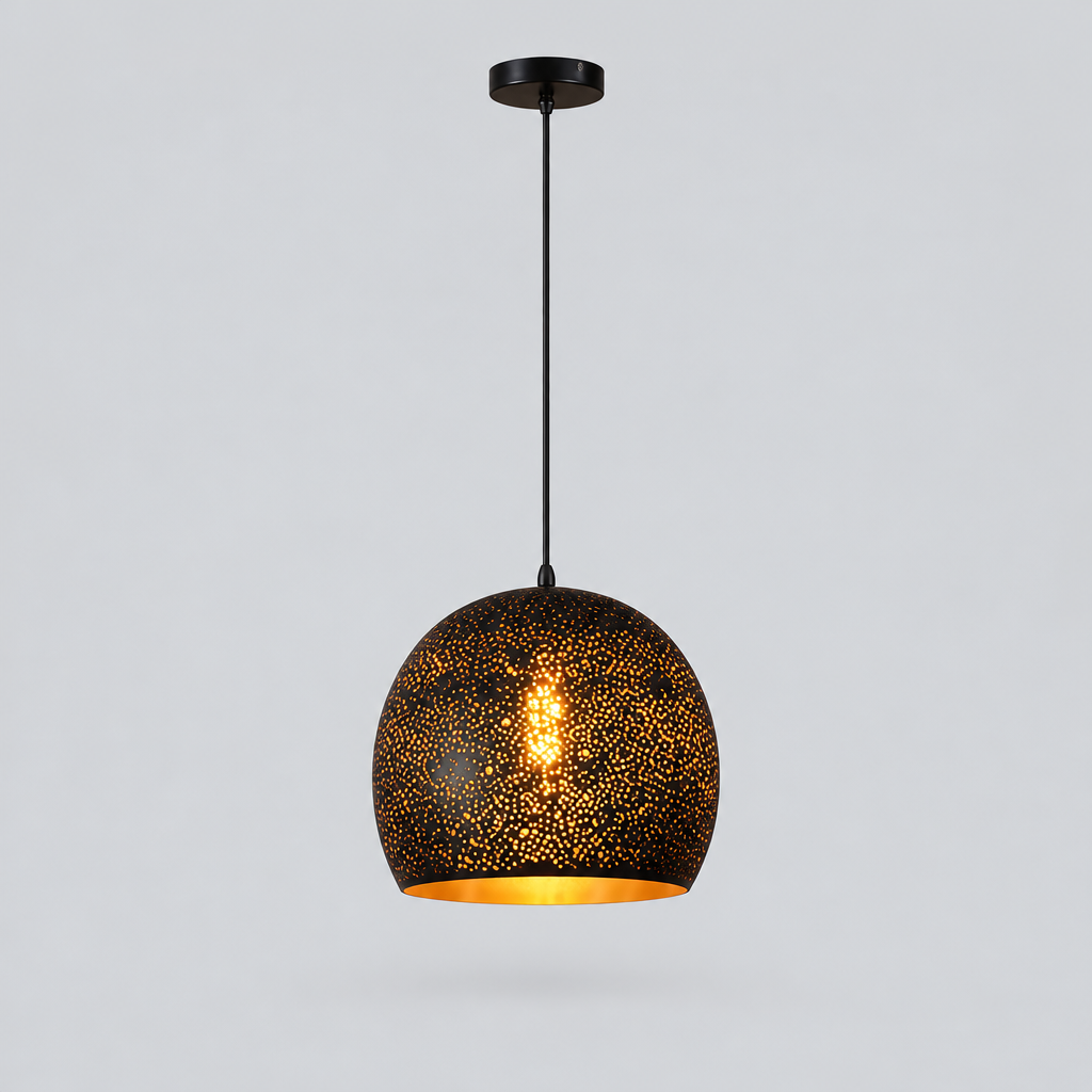 Lampa Wisząca Metalowa - Perforowany Abażur, Czarna z Miedzianym Wnętrzem, 7 Wzorów