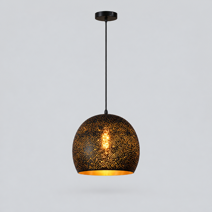 Lampa Wisząca Metalowa - Perforowany Abażur, Czarna z Miedzianym Wnętrzem, 7 Wzorów