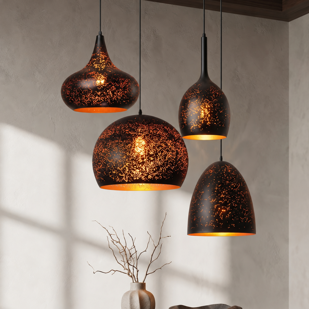Lampa Wisząca Metalowa - Perforowany Abażur, Czarna z Miedzianym Wnętrzem, 7 Wzorów