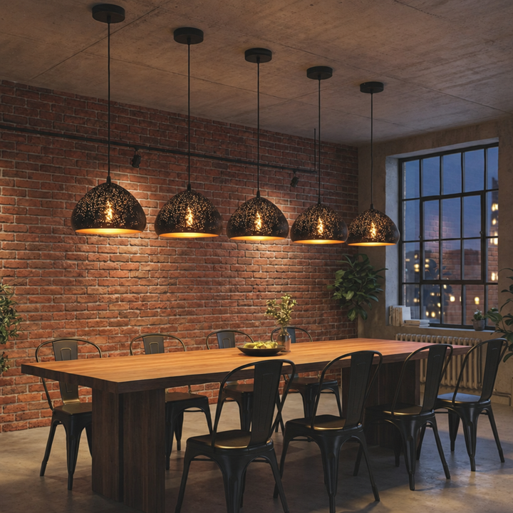 Lampa Wisząca Metalowa - Perforowany Abażur, Czarna z Miedzianym Wnętrzem, 7 Wzorów