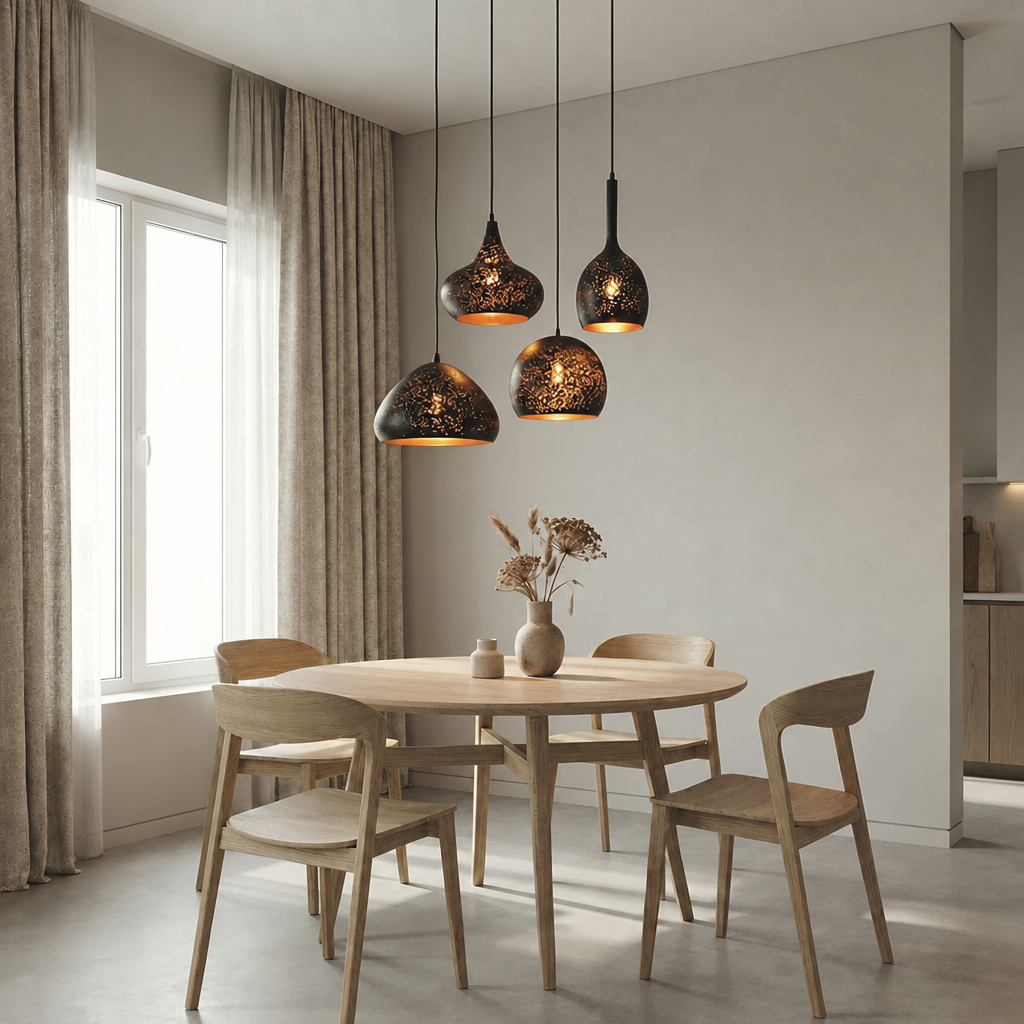 Lampa Wisząca Metalowa - Perforowany Abażur, Czarna z Miedzianym Wnętrzem, 7 Wzorów