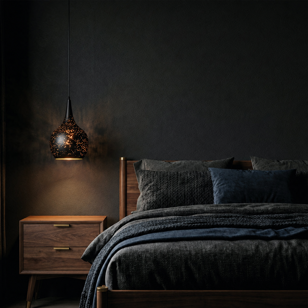 Lampa Wisząca Metalowa - Perforowany Abażur, Czarna z Miedzianym Wnętrzem, 7 Wzorów