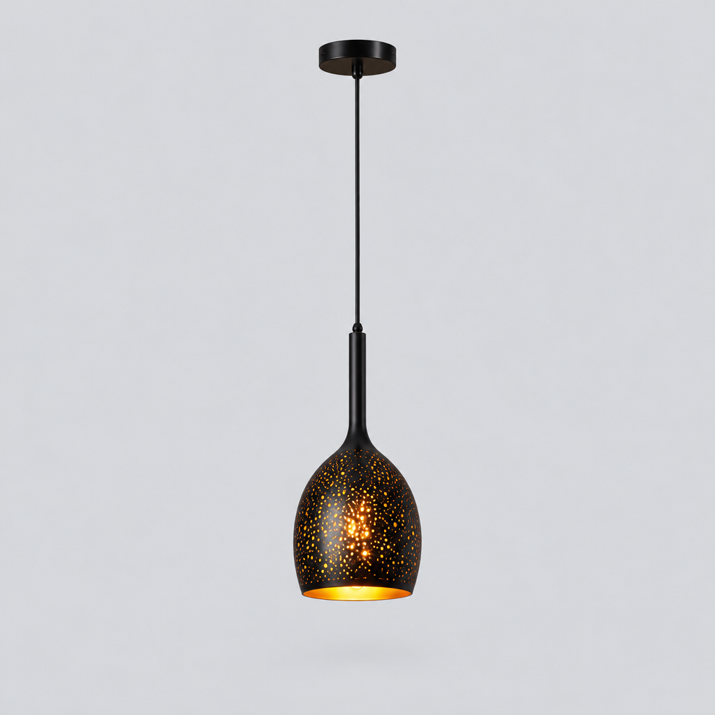 Lampa Wisząca Metalowa - Perforowany Abażur, Czarna z Miedzianym Wnętrzem, 7 Wzorów