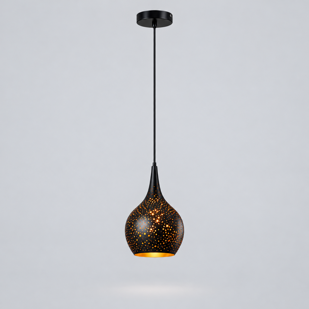 Lampa Wisząca Metalowa - Perforowany Abażur, Czarna z Miedzianym Wnętrzem, 7 Wzorów