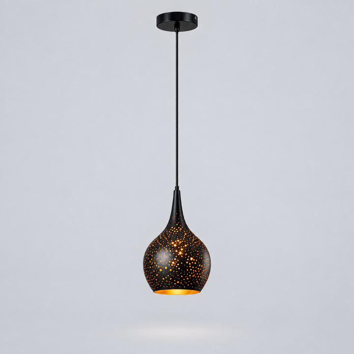 Lampa Wisząca Metalowa - Perforowany Abażur, Czarna z Miedzianym Wnętrzem, 7 Wzorów