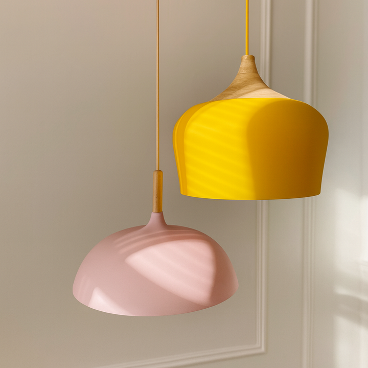Lampa Wisząca Pastelowa - Aluminiowy Abażur z Drewnianym Elementem, Kopuła lub Płaska Kula, Różne Rozmiary i Kolory