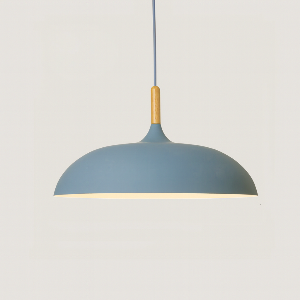 Lampa Wisząca Pastelowa - Aluminiowy Abażur z Drewnianym Elementem, Kopuła lub Płaska Kula, Różne Rozmiary i Kolory