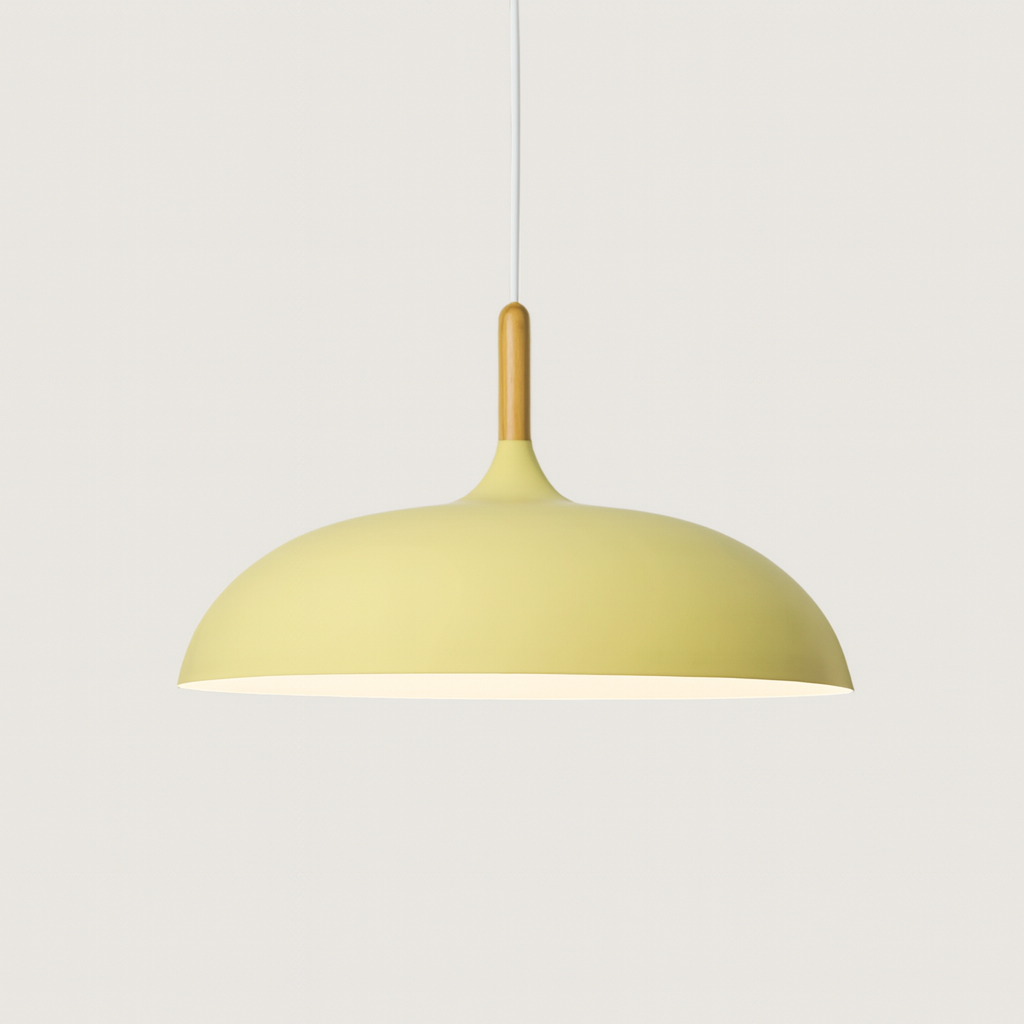 Lampa Wisząca Pastelowa - Aluminiowy Abażur z Drewnianym Elementem, Kopuła lub Płaska Kula, Różne Rozmiary i Kolory