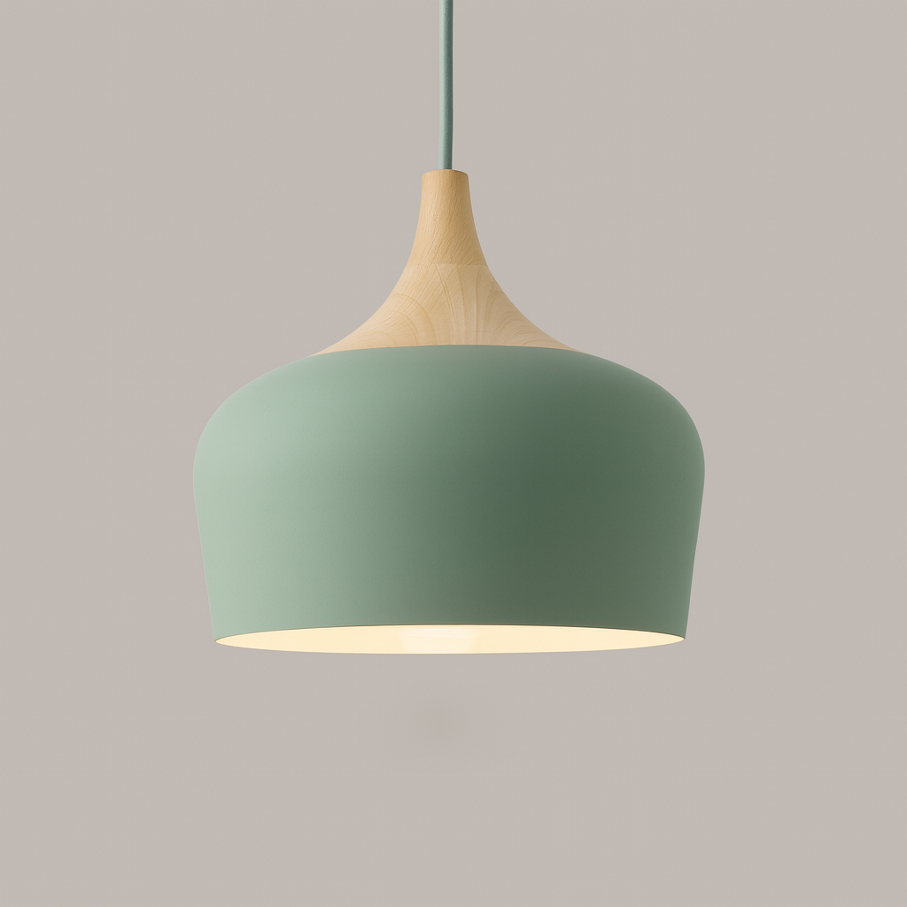 Lampa Wisząca Pastelowa - Aluminiowy Abażur z Drewnianym Elementem, Kopuła lub Płaska Kula, Różne Rozmiary i Kolory