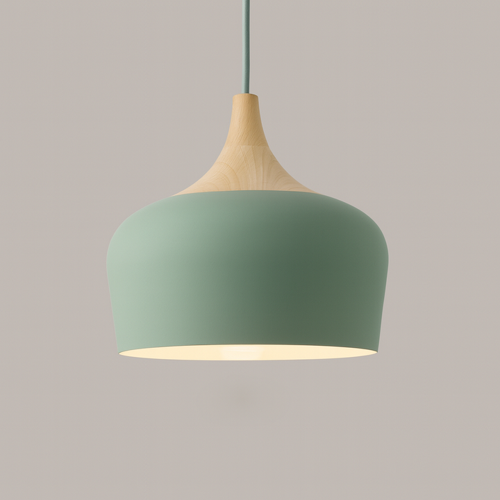 Lampa Wisząca Pastelowa - Aluminiowy Abażur z Drewnianym Elementem, Kopuła lub Płaska Kula, Różne Rozmiary i Kolory