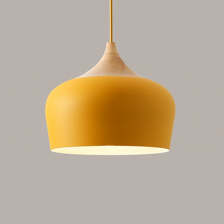 Lampa Wisząca Pastelowa - Aluminiowy Abażur z Drewnianym Elementem, Kopuła lub Płaska Kula, Różne Rozmiary i Kolory