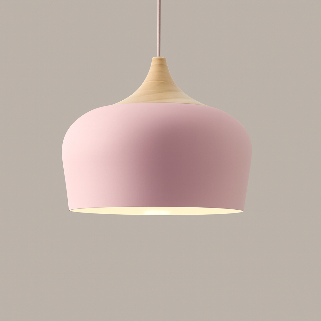 Lampa Wisząca Pastelowa - Aluminiowy Abażur z Drewnianym Elementem, Kopuła lub Płaska Kula, Różne Rozmiary i Kolory