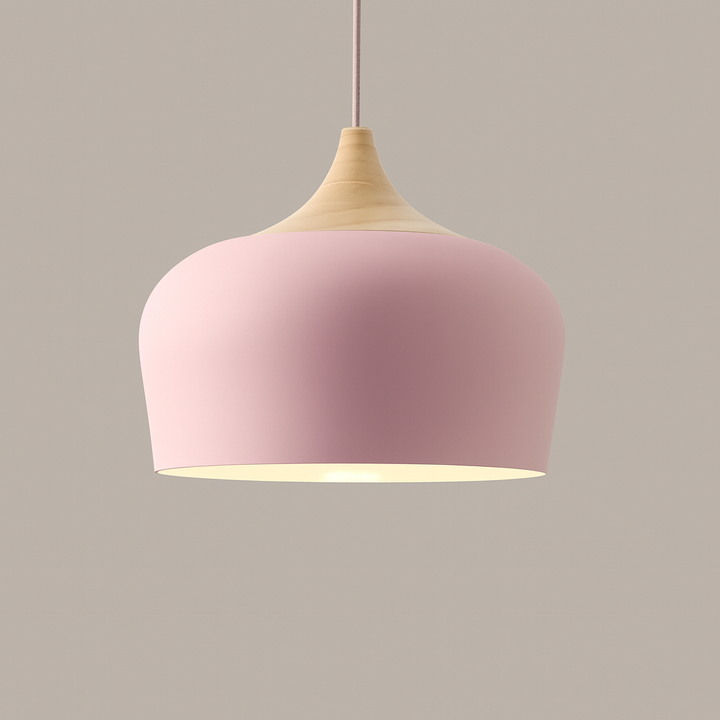 Lampa Wisząca Pastelowa - Aluminiowy Abażur z Drewnianym Elementem, Kopuła lub Płaska Kula, Różne Rozmiary i Kolory