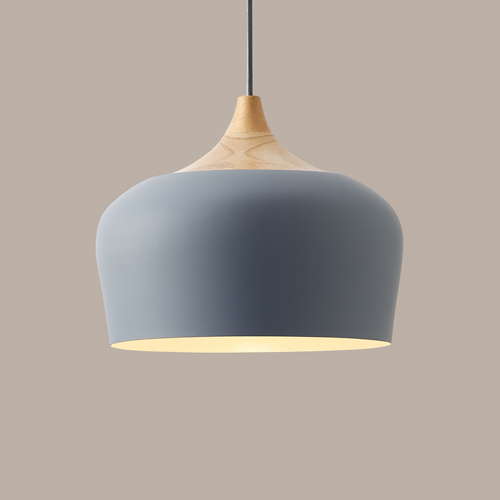 Lampa Wisząca Pastelowa - Aluminiowy Abażur z Drewnianym Elementem, Kopuła lub Płaska Kula, Różne Rozmiary i Kolory
