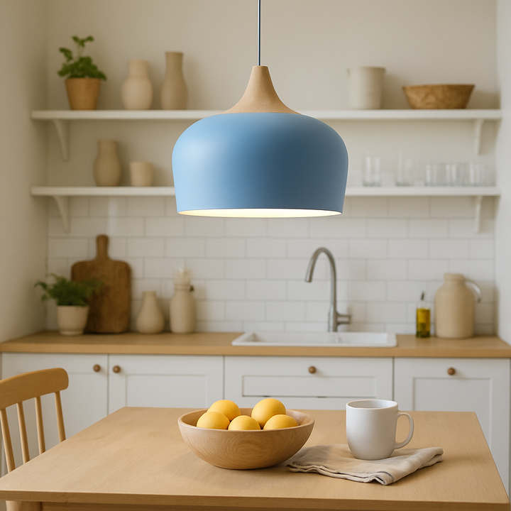 Lampa Wisząca Pastelowa - Aluminiowy Abażur z Drewnianym Elementem, Kopuła lub Płaska Kula, Różne Rozmiary i Kolory