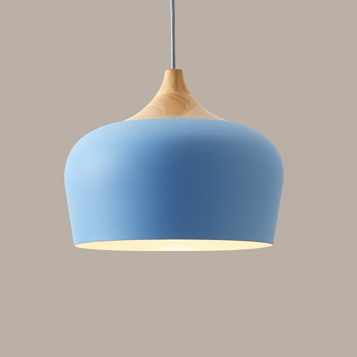 Lampa Wisząca Pastelowa - Aluminiowy Abażur z Drewnianym Elementem, Kopuła lub Płaska Kula, Różne Rozmiary i Kolory