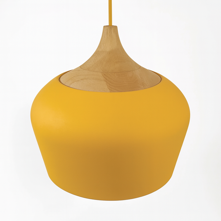 Lampa Wisząca Pastelowa - Aluminiowy Abażur z Drewnianym Elementem, Kopuła lub Płaska Kula, Różne Rozmiary i Kolory