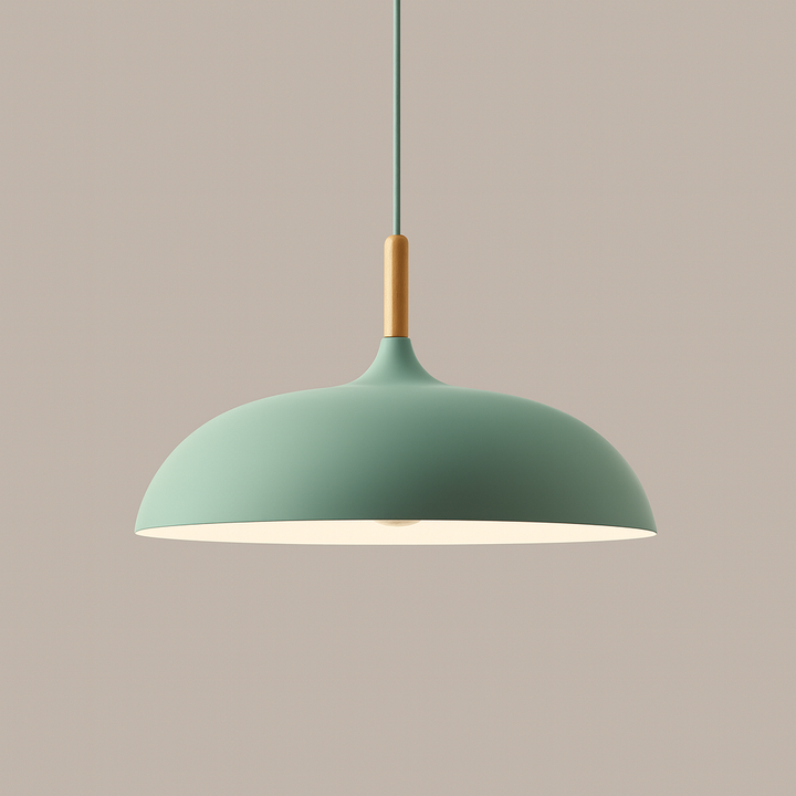 Lampa Wisząca Pastelowa - Aluminiowy Abażur z Drewnianym Elementem, Kopuła lub Płaska Kula, Różne Rozmiary i Kolory