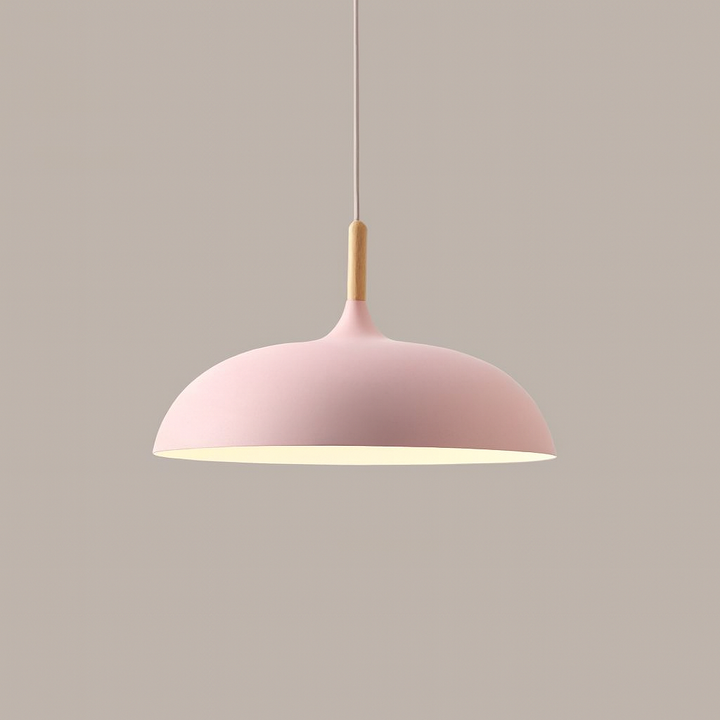 Lampa Wisząca Pastelowa - Aluminiowy Abażur z Drewnianym Elementem, Kopuła lub Płaska Kula, Różne Rozmiary i Kolory