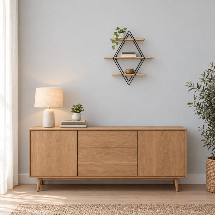 Półka ścienna trzypoziomowa - czarny metal i naturalne drewno, nowoczesny design