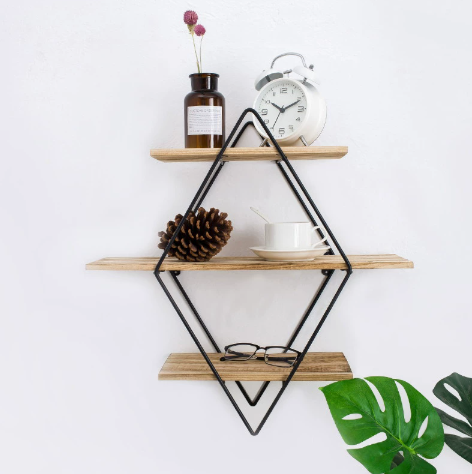 Półka ścienna trzypoziomowa - czarny metal i naturalne drewno, nowoczesny design