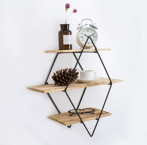 Półka ścienna trzypoziomowa - czarny metal i naturalne drewno, nowoczesny design