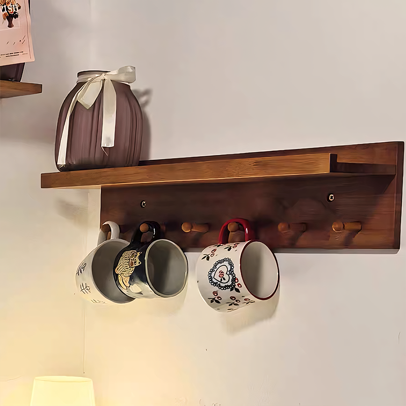 Półka Ścienna z Litego Drewna z Haczykami - Orzech lub Wiśnia, 40 lub 60 cm, Montaż na Klej lub Wkręty
