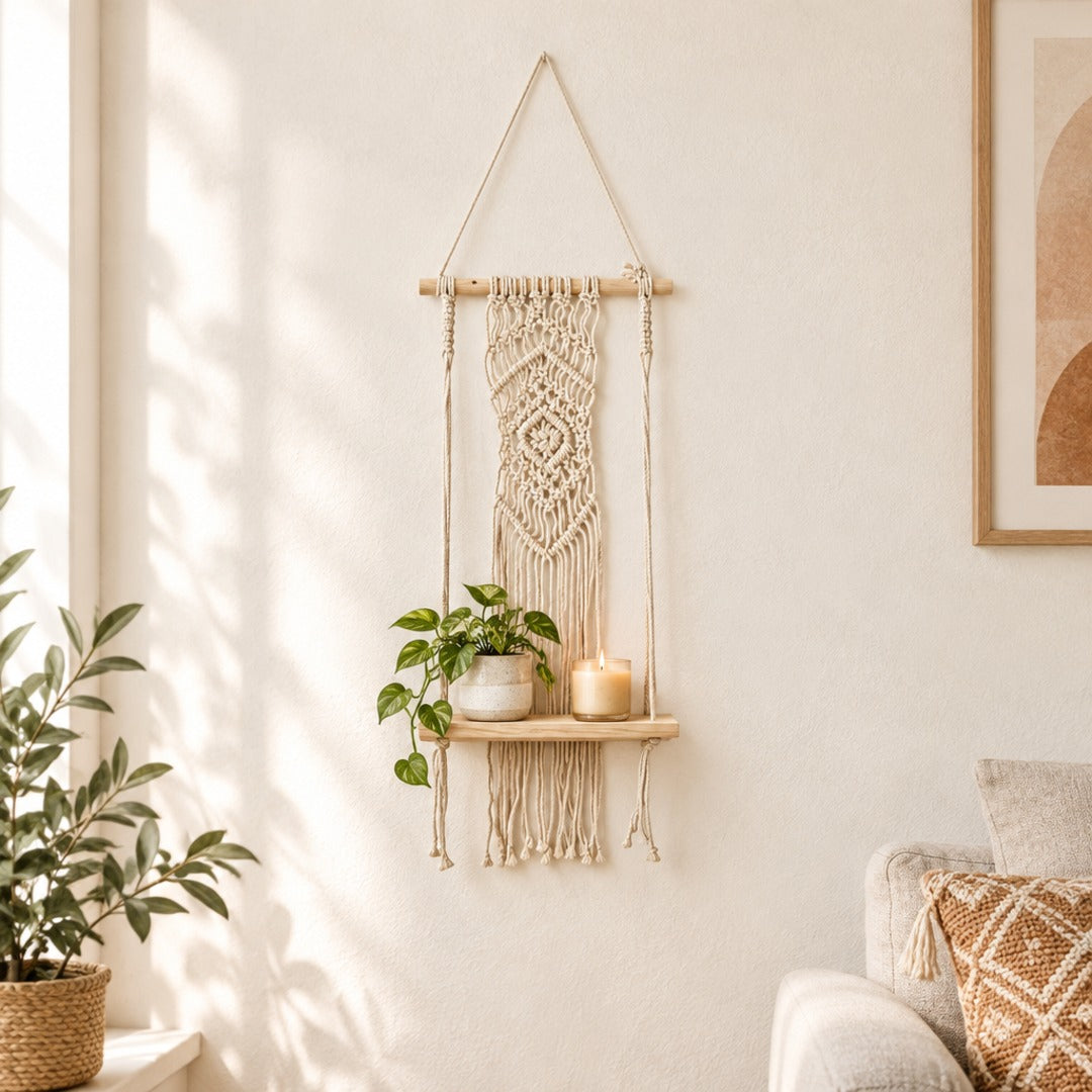 Półka ścienna z makramą - drewniana półka w rombowy wzór, styl boho