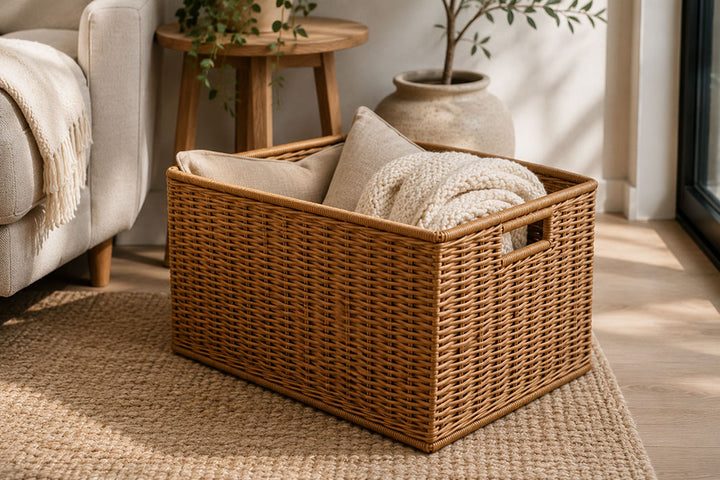 A rectangular woven wicker storage basket with cutout handles, filled with neutral-toned pillows and a folded cream knit blanket, placed on a woven rug in a softly lit living room.