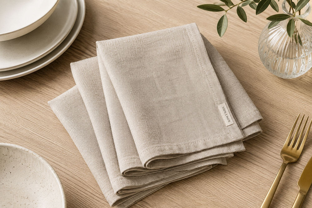 Four folded beige linen napkins on a light wood tabletop, styled with plates, a glass vase with greenery, and gold-toned cutlery.