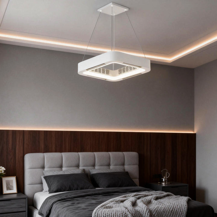 Wentylator sufitowy z lampą LED - bezłopatkowy, kwadratowy, biały, montaż przysufitowy lub wiszący