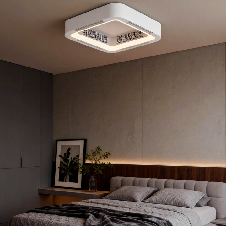 Wentylator sufitowy z lampą LED - bezłopatkowy, kwadratowy, biały, montaż przysufitowy lub wiszący