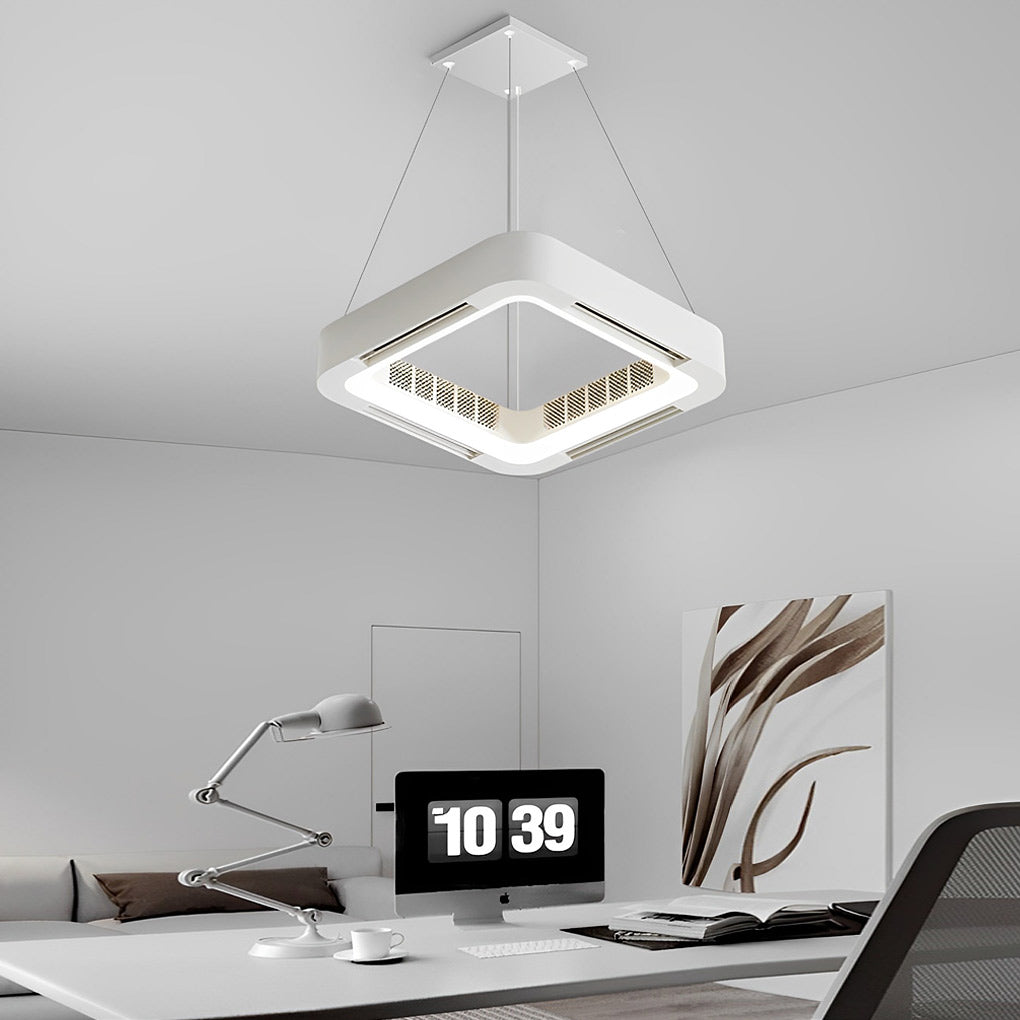Wentylator sufitowy z lampą LED - bezłopatkowy, kwadratowy, biały, montaż przysufitowy lub wiszący