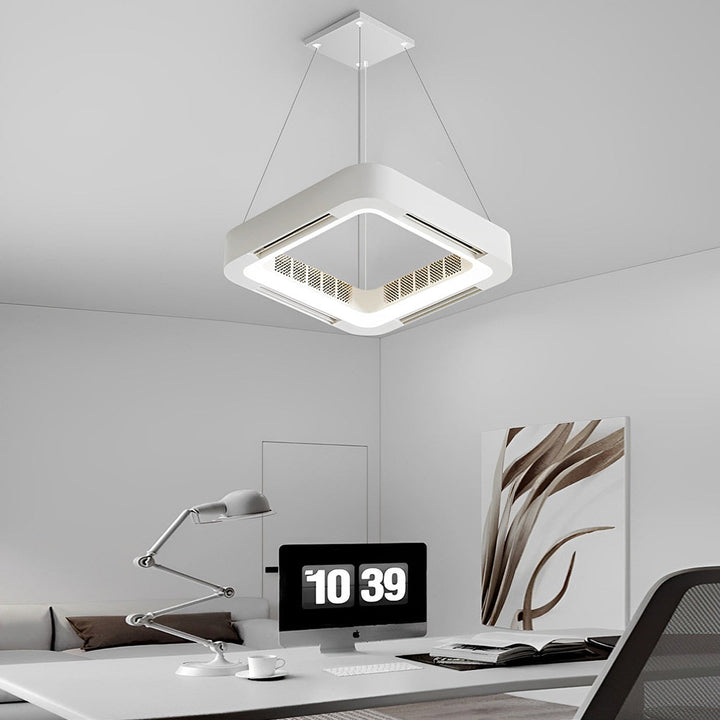 Wentylator sufitowy z lampą LED - bezłopatkowy, kwadratowy, biały, montaż przysufitowy lub wiszący