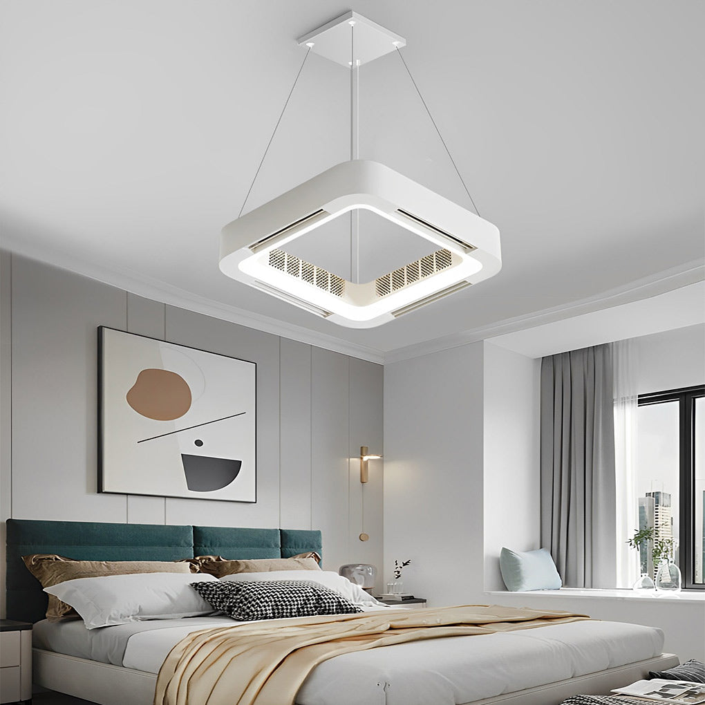 Wentylator sufitowy z lampą LED - bezłopatkowy, kwadratowy, biały, montaż przysufitowy lub wiszący